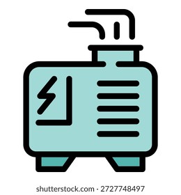 Generador portátil verde que produce la electricidad con el humo que viene del tubo de escape, icono simple del Vector del contorno del color
