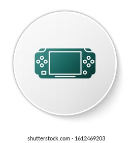 Green Portable video game console icon isolated on white background. Gamepad sign. Gaming concept. White circle button. Vector Illustration