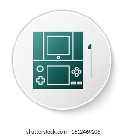 Green Portable video game console icon isolated on white background. Gamepad sign. Gaming concept. White circle button. Vector Illustration