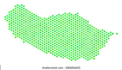 Green Portugal Madeira Island map. Vector hex-tile geographic plan using eco green color shades. Abstract Portugal Madeira Island map concept is combined of hexagonal items.