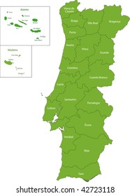 Green Portugal map with regions