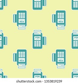 Green POS terminal with inserted credit card and printed reciept icon isolated seamless pattern on yellow background. NFC payment concept. Flat design. Vector Illustration