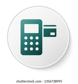 Green Pos terminal with inserted credit card icon isolated on white background. Payment terminal transaction. Green circle button. Vector Illustration