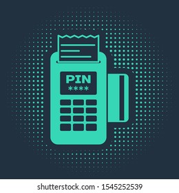 Green POS terminal with inserted credit card and printed reciept icon isolated on blue background. NFC payment concept. Abstract circle random dots. Vector Illustration