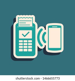 Green POS terminal with printed reciept and confirms the payment by smartphone icon isolated on blue background. NFC payment concept. Long shadow style. Vector Illustration