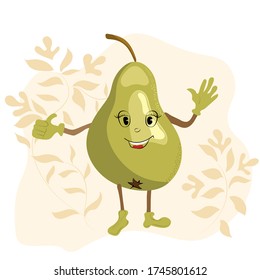 Green positive, smiling pear. Positive character. Cartoon illustration. Modern card design.