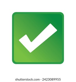 Green positive vote button with checkmark accept complete task badge vector illustration. Success confirmation logotype keypad agree approved check mark. Done checkbox. Tick button emoji icon.