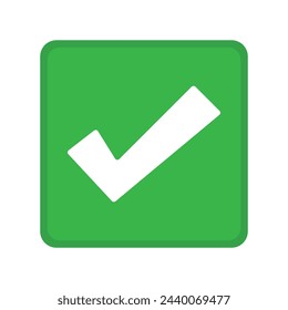 Green positive vote button with checkmark accept complete task badge vector illustration. Success confirmation logotype keypad agree approved check mark. Done checkbox. Tick button emoji icon.