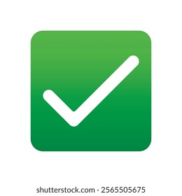 Green positive vote button with checkmark accept complete task badge vector illustration. Success confirmation logotype keypad agree approved check mark. Done checkbox. Tick button emoji icon.