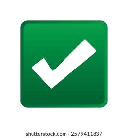 Green positive vote button with checkmark accept complete task badge vector illustration. Success confirmation logotype keypad agree approved check mark. Done checkbox. Tick button emoji icon.
