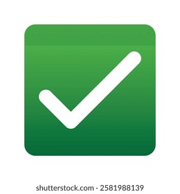 Green positive vote button with checkmark accept complete task badge vector illustration. Success confirmation logotype keypad agree approved check mark. Done checkbox. Tick button emoji icon.