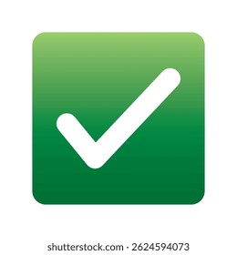 Green positive vote button with checkmark accept complete task badge vector illustration. Success confirmation logotype keypad agree approved check mark. Done checkbox. Tick button emoji icon.