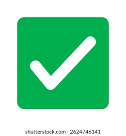 Green positive vote button with checkmark accept complete task badge vector illustration. Success confirmation logotype keypad agree approved check mark. Done checkbox. Tick button emoji icon.