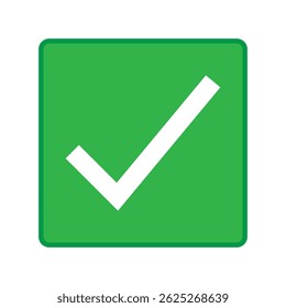 Green positive vote button with checkmark accept complete task badge flat vector illustration. Success confirmation logotype keypad agree approved check mark. Done checkbox. Tick button emoji icon.