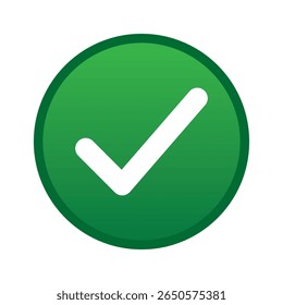 Green positive vote round button with checkmark accept complete task badge vector illustration. Success confirmation logotype keypad agree approved check mark. Done checkbox. Tick button emoji icon.
