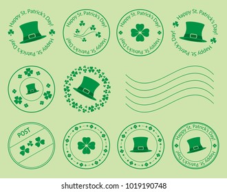 green postage stamps with clovers and hat for saint patrick day - vector set