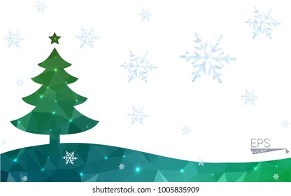 Green postcard low polygon style christmas tree vector illustration consisting of triangles.Abstract triangular polygonal origami or crystal design of New Year celebration.Isolated on white background