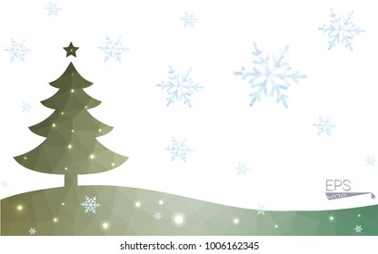 Green postcard low polygon style christmas tree vector illustration consisting of triangles.Abstract triangular polygonal origami or crystal design of New Year celebration.Isolated on white background