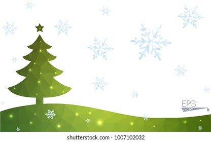 Green postcard low polygon style christmas tree vector illustration consisting of triangles.Abstract triangular polygonal origami or crystal design of New Year celebration.Isolated on white background