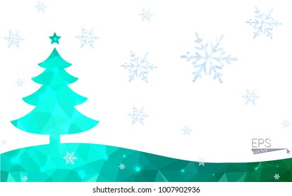 Green postcard low polygon style christmas tree vector illustration consisting of triangles.Abstract triangular polygonal origami or crystal design of New Year celebration.Isolated on white background