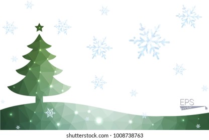 Green postcard low polygon style christmas tree vector illustration consisting of triangles.Abstract triangular polygonal origami or crystal design of New Year celebration.Isolated on white background