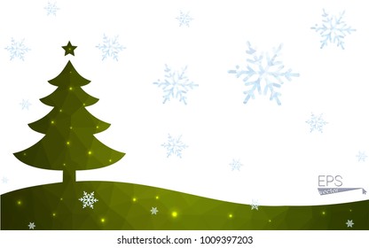 Green postcard low polygon style christmas tree vector illustration consisting of triangles.Abstract triangular polygonal origami or crystal design of New Year celebration.Isolated on white background