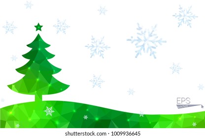Green postcard low polygon style christmas tree vector illustration consisting of triangles.Abstract triangular polygonal origami or crystal design of New Year celebration.Isolated on white background