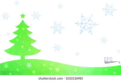 Green postcard low polygon style christmas tree vector illustration consisting of triangles.Abstract triangular polygonal origami or crystal design of New Year celebration.Isolated on white background