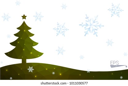 Green postcard low polygon style christmas tree vector illustration consisting of triangles.Abstract triangular polygonal origami or crystal design of New Year celebration.Isolated on white background