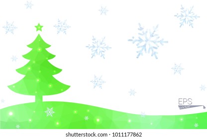Green postcard low polygon style christmas tree vector illustration consisting of triangles.Abstract triangular polygonal origami or crystal design of New Year celebration.Isolated on white background