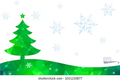Green postcard low polygon style christmas tree vector illustration consisting of triangles.Abstract triangular polygonal origami or crystal design of New Year celebration.Isolated on white background