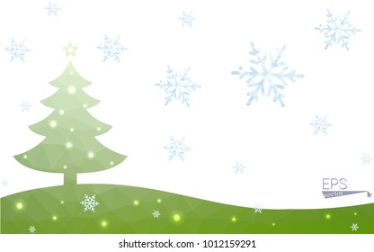 Green postcard low polygon style christmas tree vector illustration consisting of triangles.Abstract triangular polygonal origami or crystal design of New Year celebration.Isolated on white background