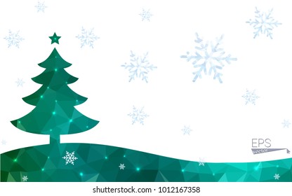 Green postcard low polygon style christmas tree vector illustration consisting of triangles.Abstract triangular polygonal origami or crystal design of New Year celebration.Isolated on white background