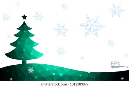 Green postcard low polygon style christmas tree vector illustration consisting of triangles.Abstract triangular polygonal origami or crystal design of New Year celebration.Isolated on white background