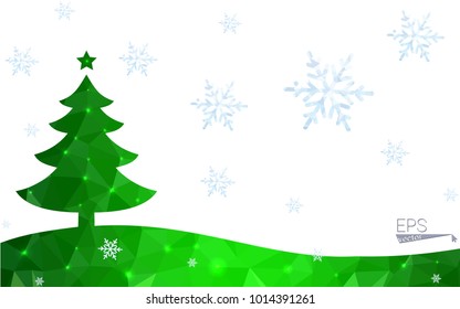 Green postcard low polygon style christmas tree vector illustration consisting of triangles.Abstract triangular polygonal origami or crystal design of New Year celebration.Isolated on white background
