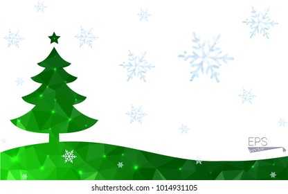 Green postcard low polygon style christmas tree vector illustration consisting of triangles.Abstract triangular polygonal origami or crystal design of New Year celebration.Isolated on white background