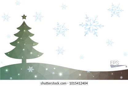 Green postcard low polygon style christmas tree vector illustration consisting of triangles.Abstract triangular polygonal origami or crystal design of New Year celebration.Isolated on white background