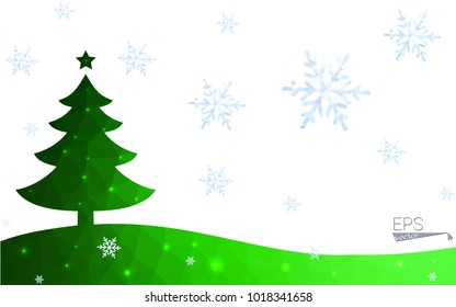 Green postcard low polygon style christmas tree vector illustration consisting of triangles.Abstract triangular polygonal origami or crystal design of New Year celebration.Isolated on white background