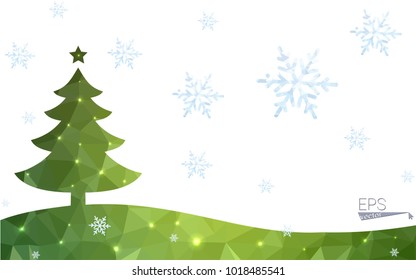 Green postcard low polygon style christmas tree vector illustration consisting of triangles.Abstract triangular polygonal origami or crystal design of New Year celebration.Isolated on white background