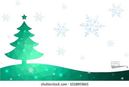 Green postcard low polygon style christmas tree vector illustration consisting of triangles.Abstract triangular polygonal origami or crystal design of New Year celebration.Isolated on white background