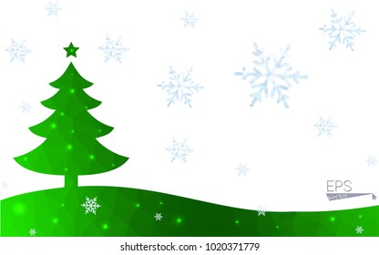 Green postcard low polygon style christmas tree vector illustration consisting of triangles.Abstract triangular polygonal origami or crystal design of New Year celebration.Isolated on white background