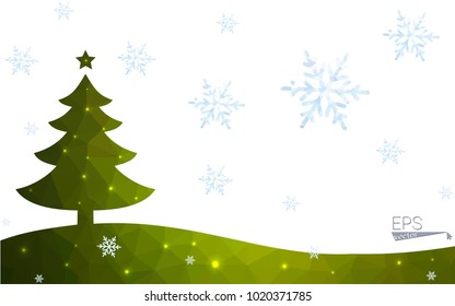 Green postcard low polygon style christmas tree vector illustration consisting of triangles.Abstract triangular polygonal origami or crystal design of New Year celebration.Isolated on white background