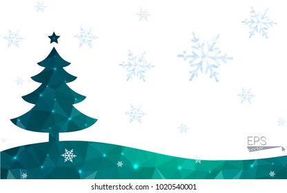 Green postcard low polygon style christmas tree vector illustration consisting of triangles.Abstract triangular polygonal origami or crystal design of New Year celebration.Isolated on white background