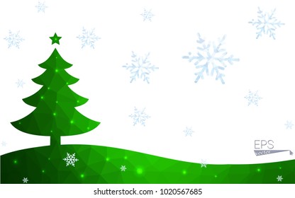 Green postcard low polygon style christmas tree vector illustration consisting of triangles.Abstract triangular polygonal origami or crystal design of New Year celebration.Isolated on white background