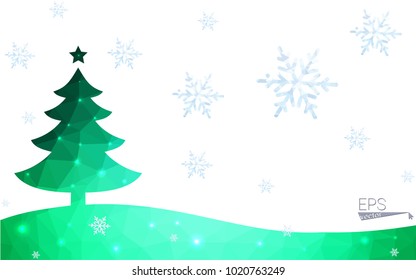Green postcard low polygon style christmas tree vector illustration consisting of triangles.Abstract triangular polygonal origami or crystal design of New Year celebration.Isolated on white background