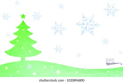 Green postcard low polygon style christmas tree vector illustration consisting of triangles.Abstract triangular polygonal origami or crystal design of New Year celebration.Isolated on white background