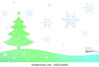 Green postcard low polygon style christmas tree vector illustration consisting of triangles.Abstract triangular polygonal origami or crystal design of New Year celebration.Isolated on white background