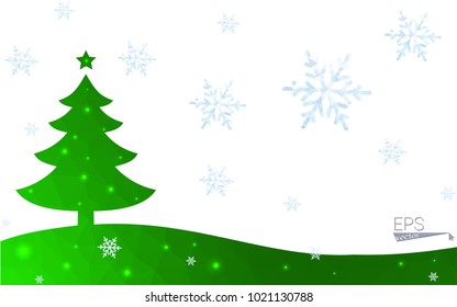 Green postcard low polygon style christmas tree vector illustration consisting of triangles.Abstract triangular polygonal origami or crystal design of New Year celebration.Isolated on white background