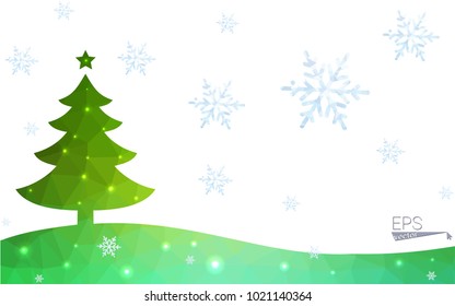 Green postcard low polygon style christmas tree vector illustration consisting of triangles.Abstract triangular polygonal origami or crystal design of New Year celebration.Isolated on white background