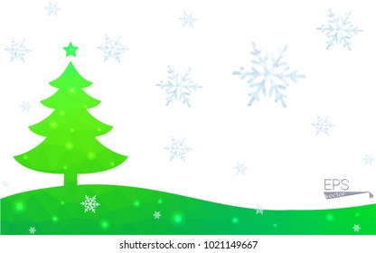 Green postcard low polygon style christmas tree vector illustration consisting of triangles.Abstract triangular polygonal origami or crystal design of New Year celebration.Isolated on white background